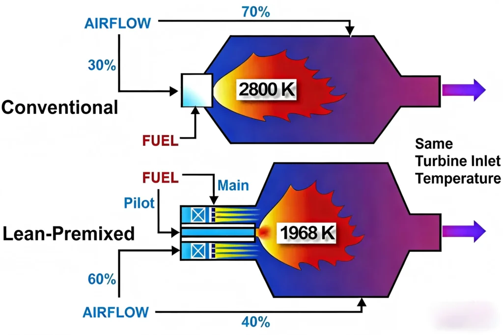 Premixed flame diagram in a gas turbine