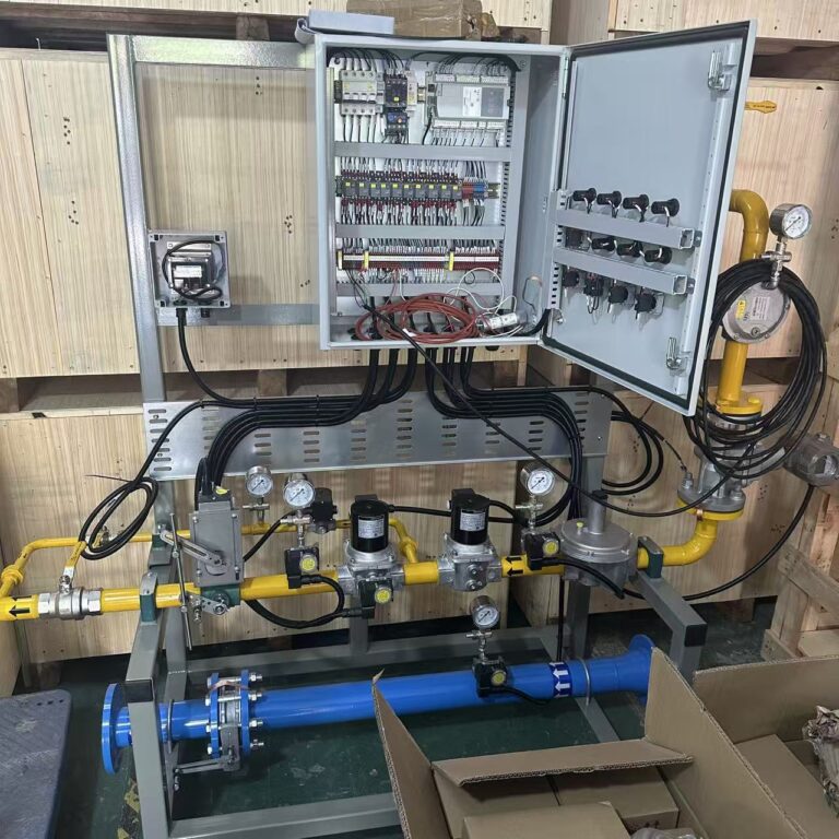 Industrial burner system undergoing factory functional testing with a control panel and fuel train.