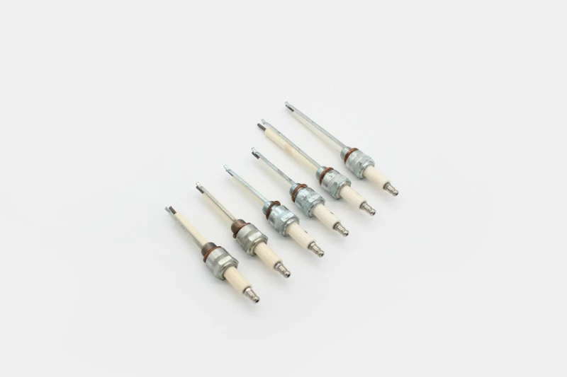 Industrial burner ignition electrode and ionization probe beside a blue gas flame