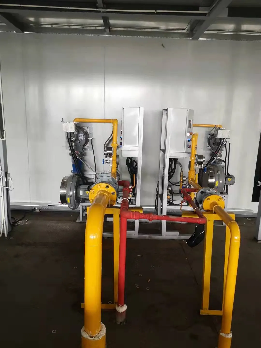 Two industrial drying combustion assemblies with burners, gas piping and control cabinets