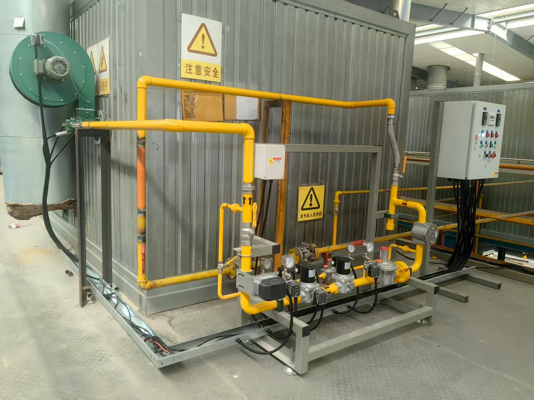 Industrial gas valve train and control cabinet for paint drying system