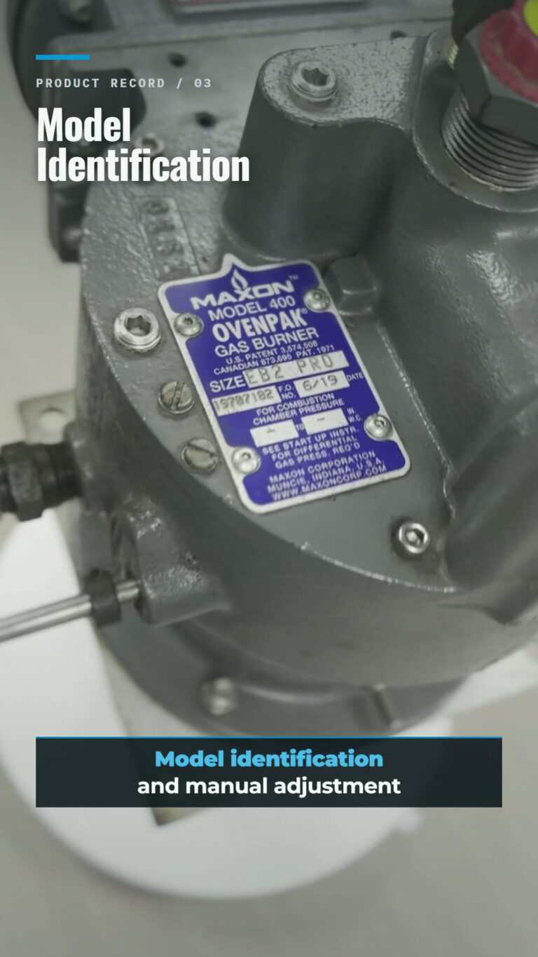 Nameplate on a MAXON OVENPAK 400 burner showing the EB2 PRO model identification