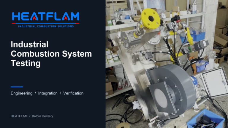 Assembled industrial combustion system shown in the HEATFLAM engineering footage